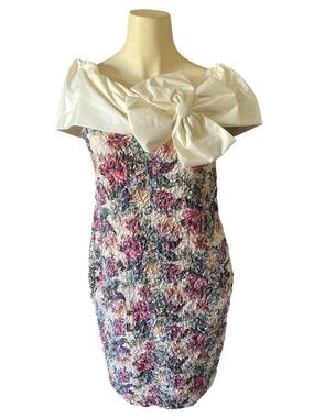 VTG 80s Act I Romantic Floral Off the Shoulder Midi Women Dress Prom Cottage bow